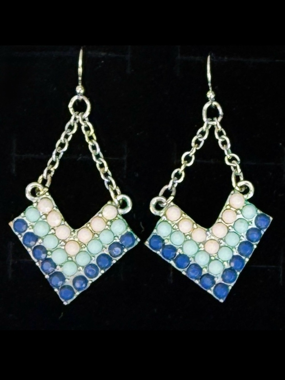 Silvertone Blue Chevron Design Costume Pieced Earrings